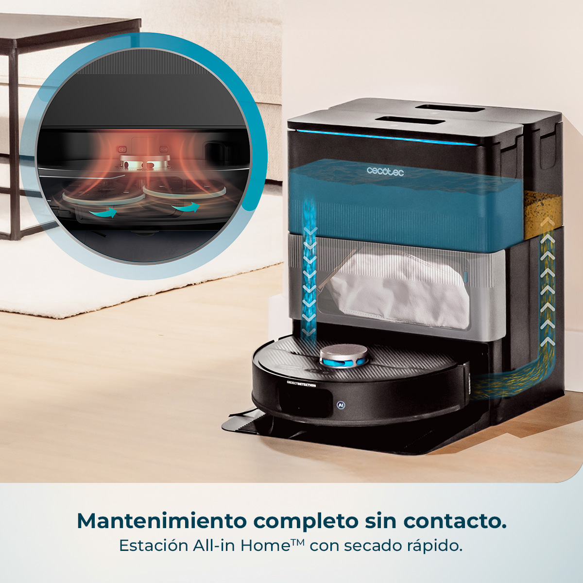 Robot aspirador en su estación base con depósito de agua visible y secado rápido.