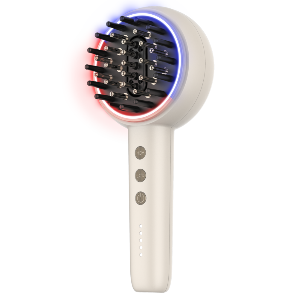 Cepillo de pelo eléctrico blanco con luces LED rojas y azules sobre fondo negro.