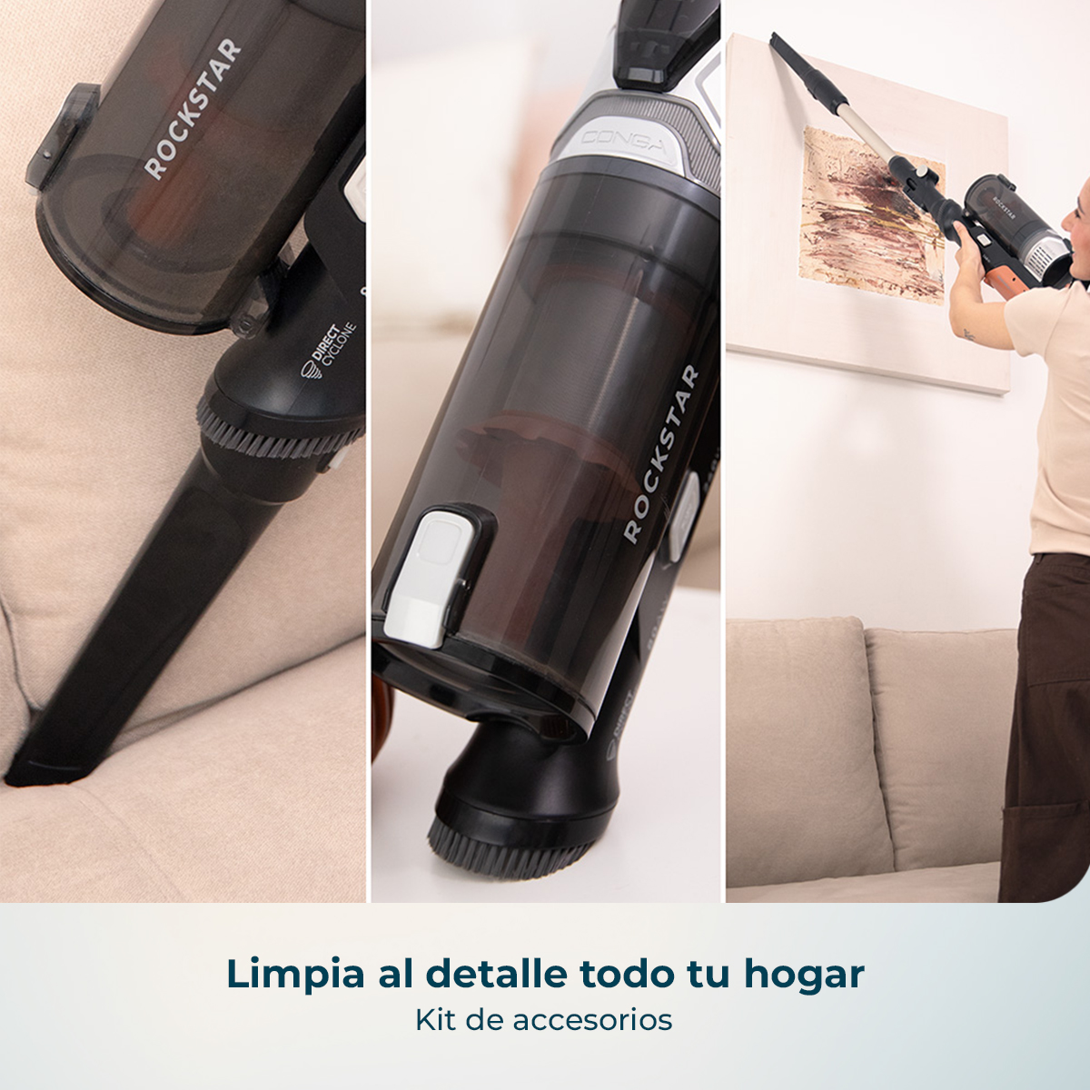 Diferentes vistas de una aspiradora inalámbrica con accesorios limpiando una habitación.