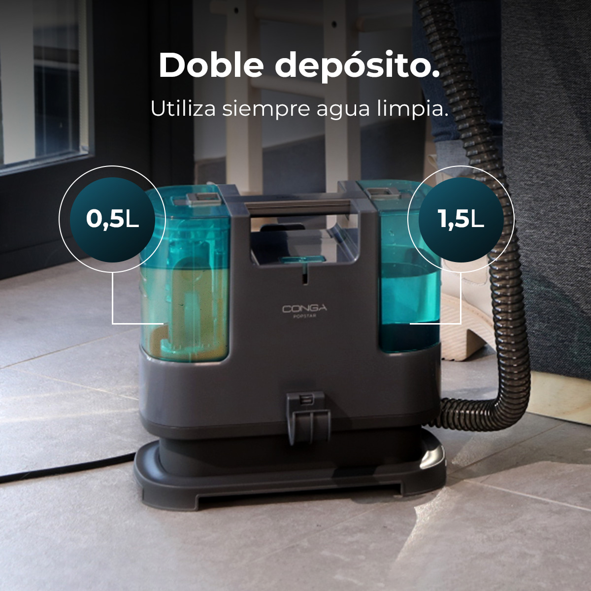 Aspiradora Conga gris con doble depósito de agua de 0,5L y 1,5L, texto en español.