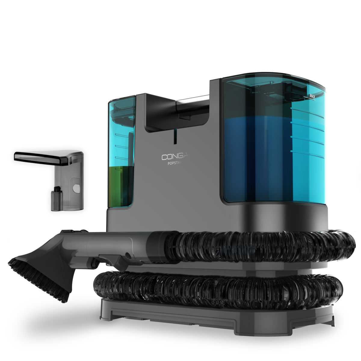 Aspiradora Conga Popstar negra con tanques de agua azules, manguera flexible y accesorios sobre un fondo negro.