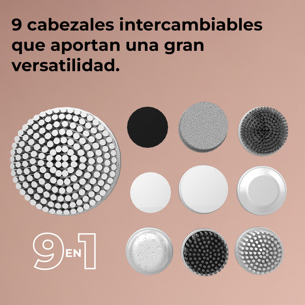 Nueve cabezales intercambiables sobre fondo rosa para un dispositivo versátil con cepillos y accesorios lisos.