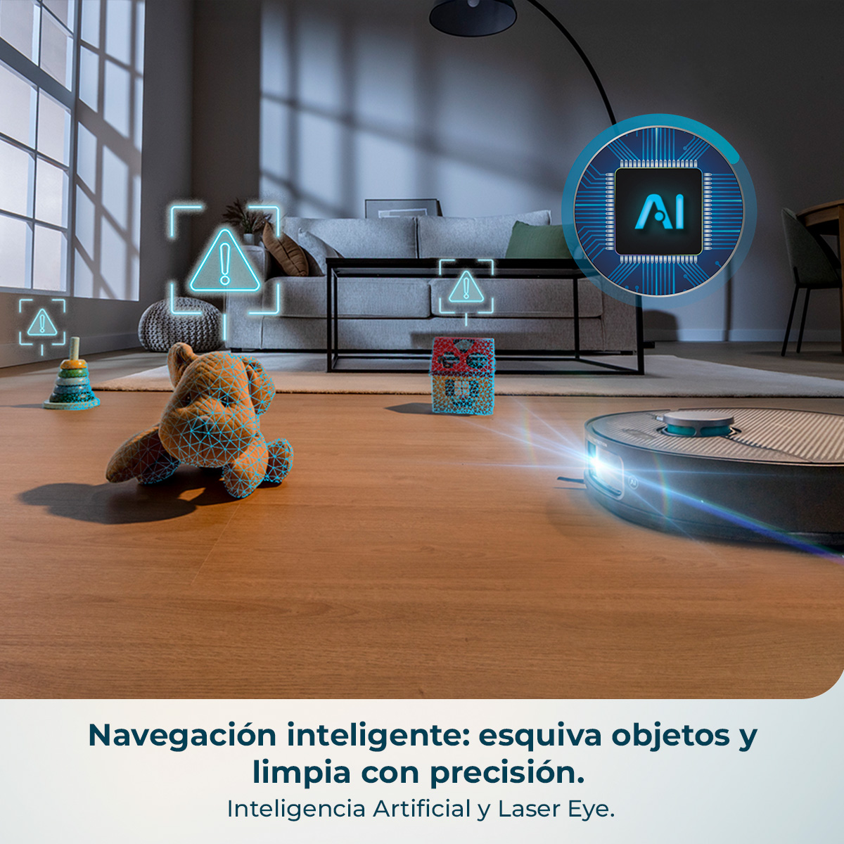 Un robot aspirador con IA láser navega alrededor de juguetes en el suelo.