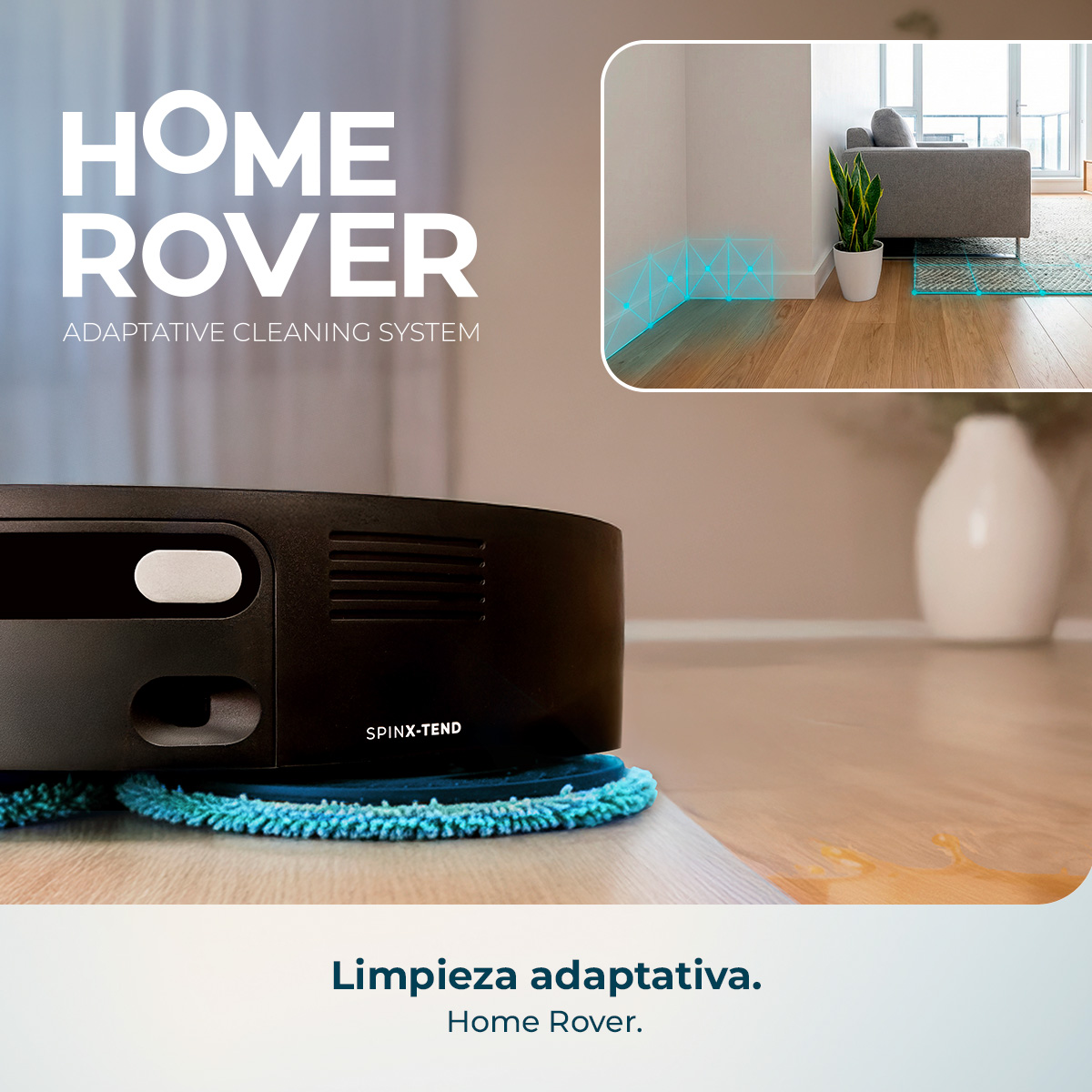 Un robot aspirador Home Rover limpia un suelo de madera, con texto y una vista de habitación insertada.