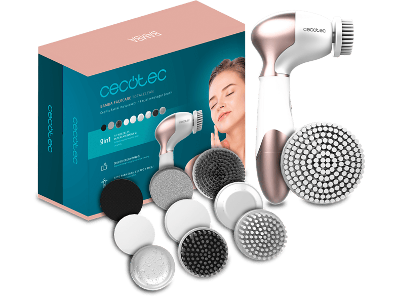 Cepillo facial - Cecotec FaceCare TotalClean Elite, 9 cabezales, Giro 360°, Diseño ergonómico y bolsa de viaje, Blanco