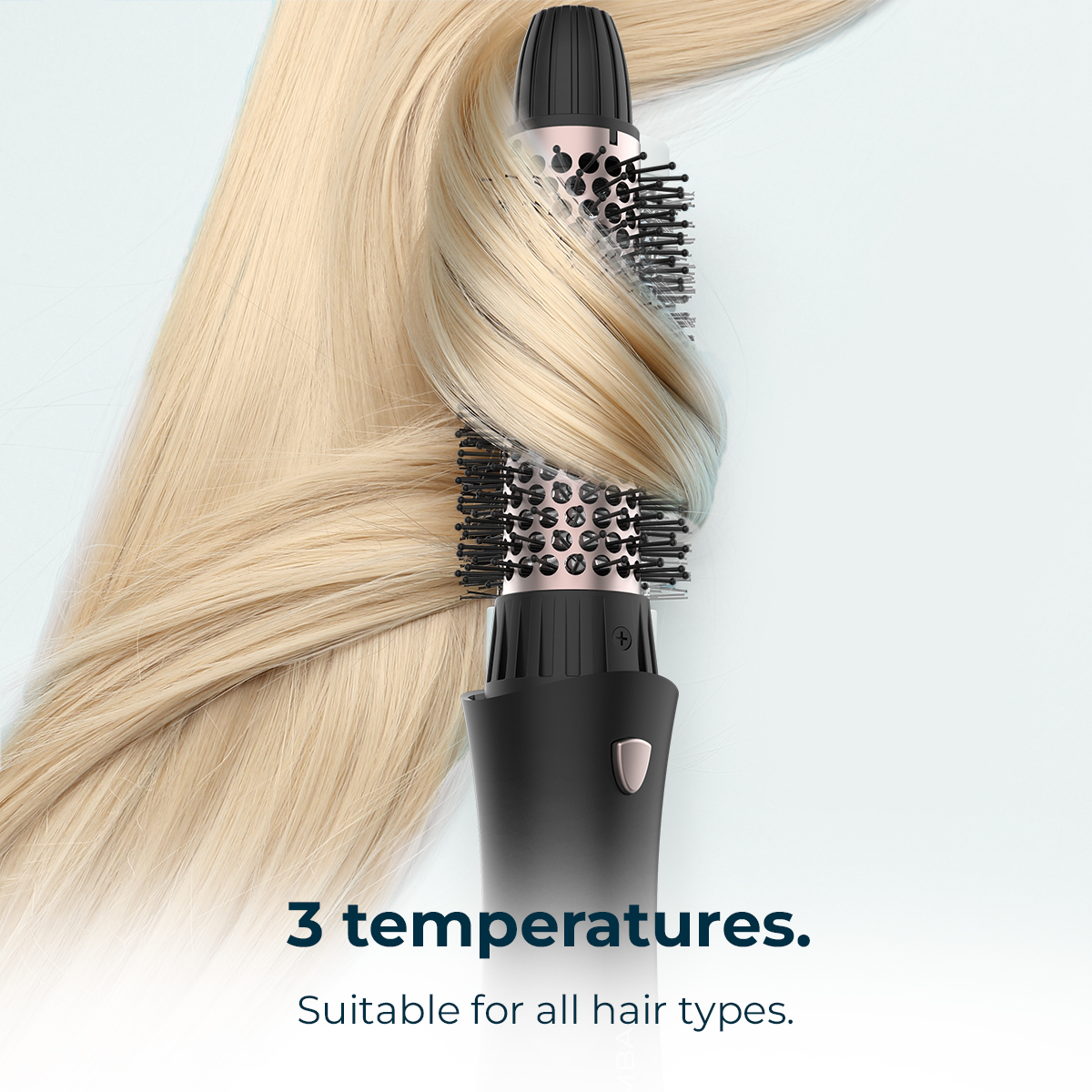Un cepillo de aire peina cabello rubio liso. Texto indica 3 temperaturas para todo tipo de cabello.