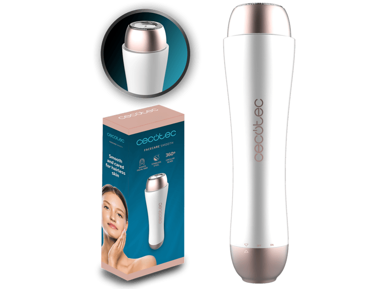 Depiladora - Cecotec FaceCare Smooth Elite, Cuchilla circular de acero inoxidable, IPX5, Tapa protectora, Blanco