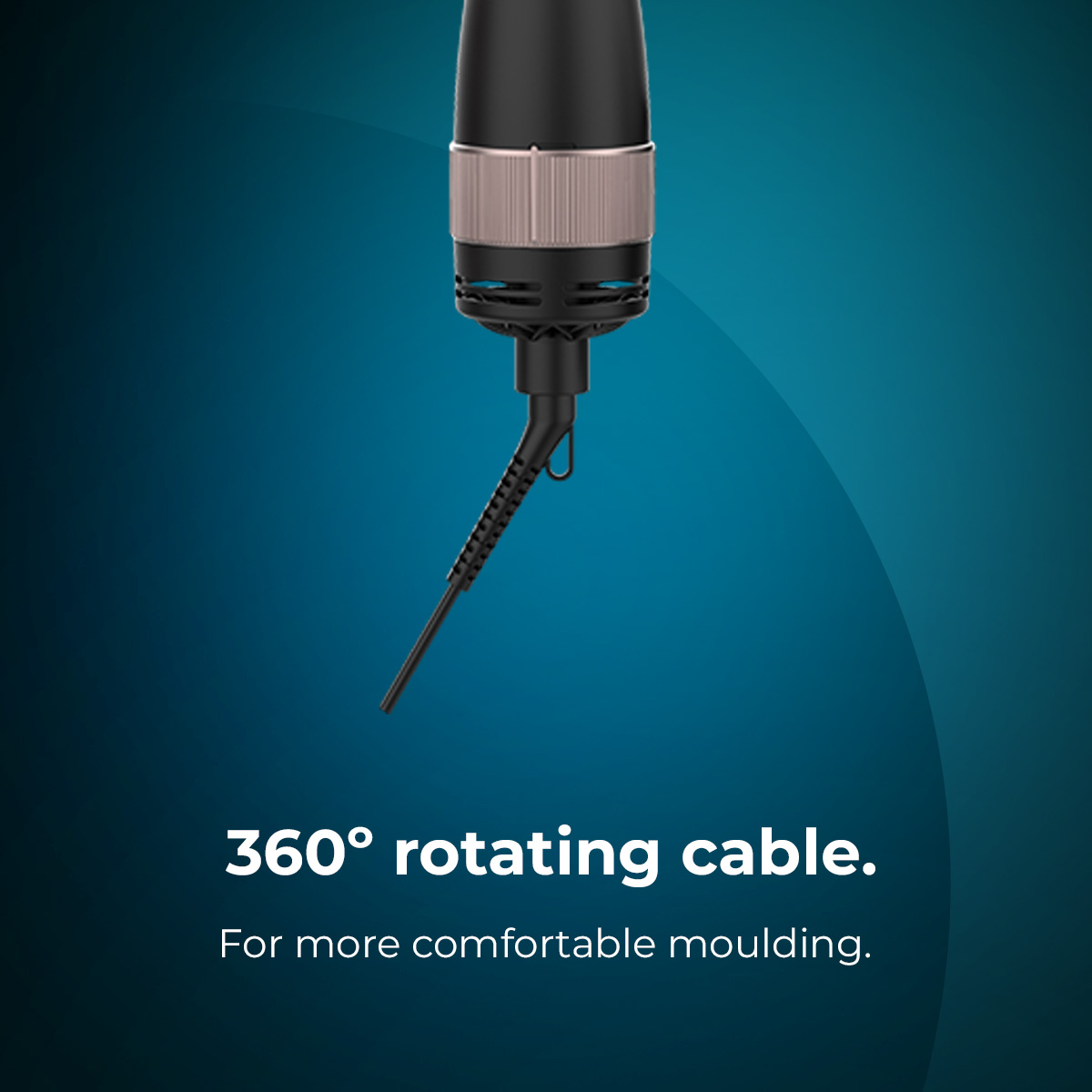 Cable giratorio de 360 grados de un moldeador sobre fondo azul.