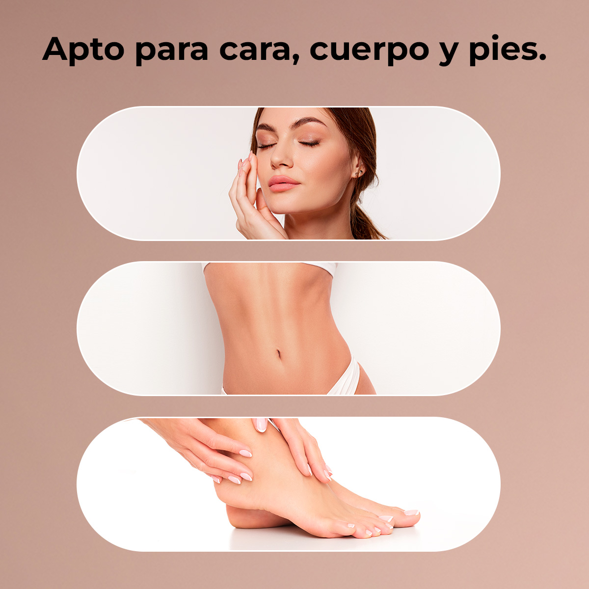 Tres imágenes ovaladas horizontales muestran rostro, torso y pies, con texto en español.