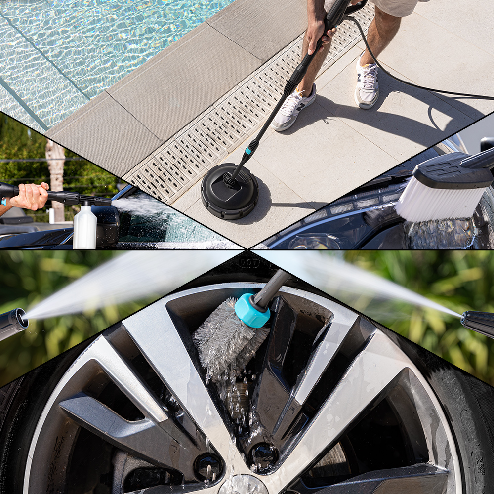 Un collage que muestra una hidrolimpiadora limpiando la cubierta de una piscina, un coche y una rueda de coche.