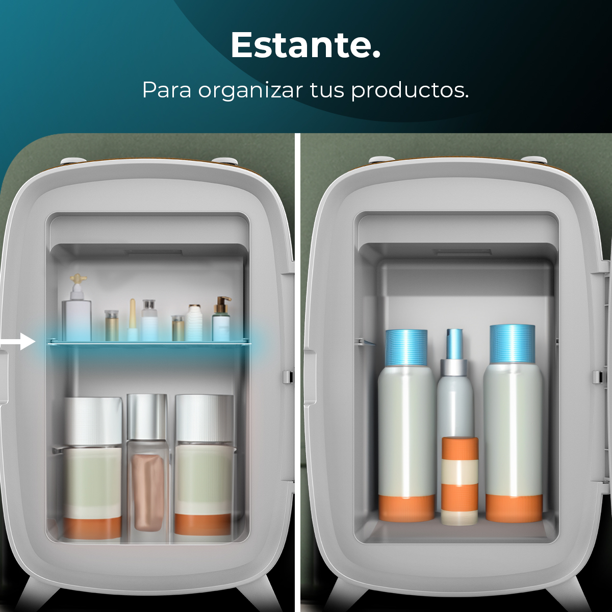 Comparación de dos interiores de nevera: con y sin estante para productos.