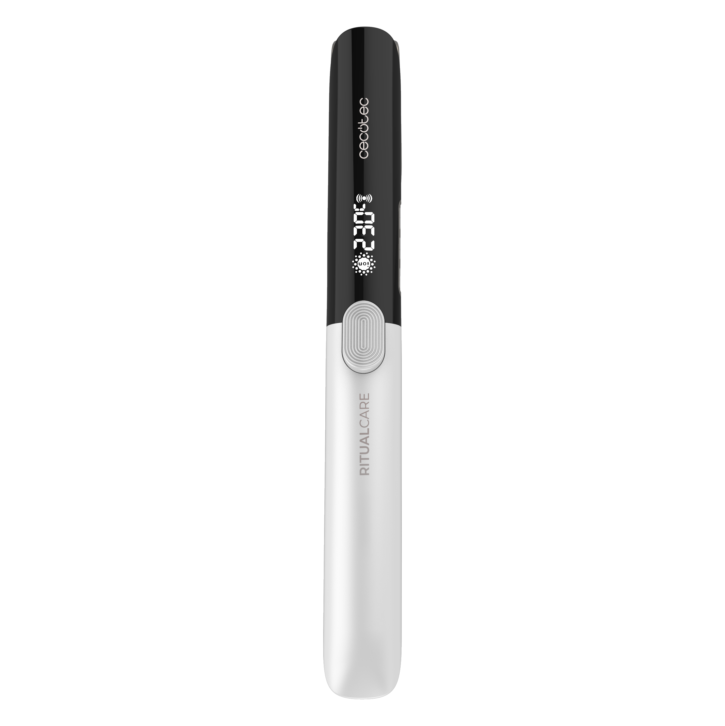 Una plancha de pelo en blanco y negro con pantalla digital de temperatura y función iónica sobre fondo negro.