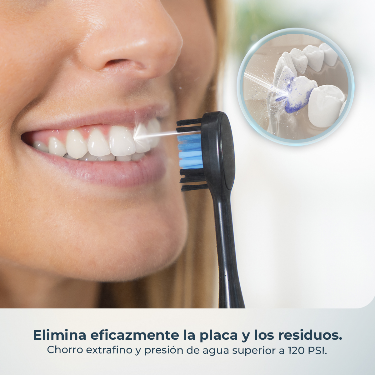 Un cepillo negro limpia los dientes; un inset muestra un chorro de agua eliminando placa.