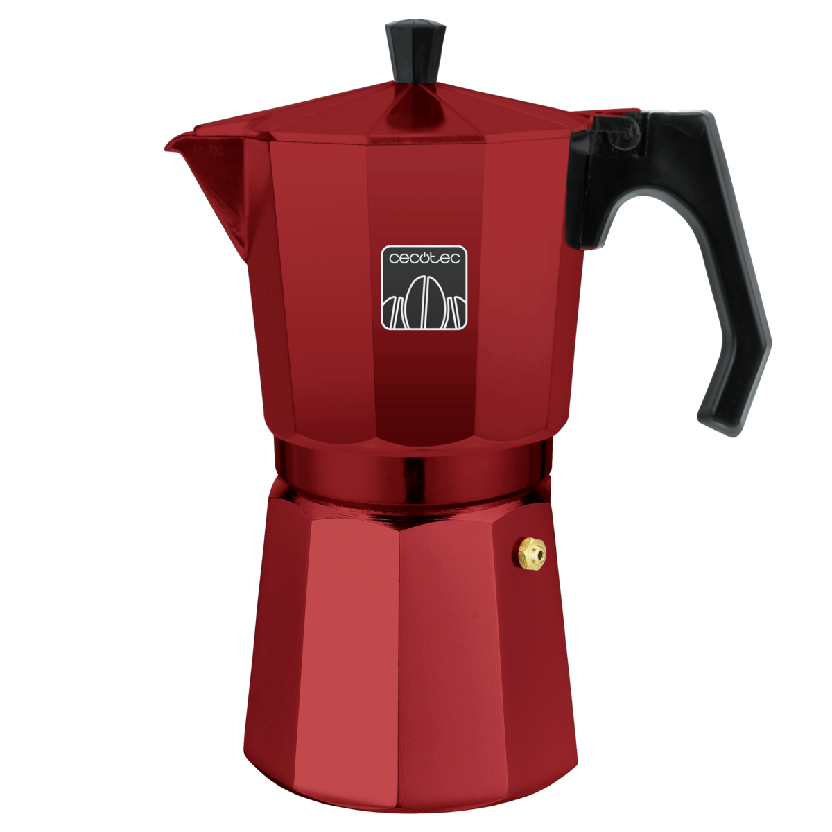 Una cafetera italiana roja y brillante con asa y pomo negros sobre fondo negro.