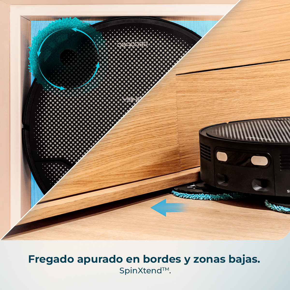 Robot aspirador friega cerca de bordes y zonas bajas.