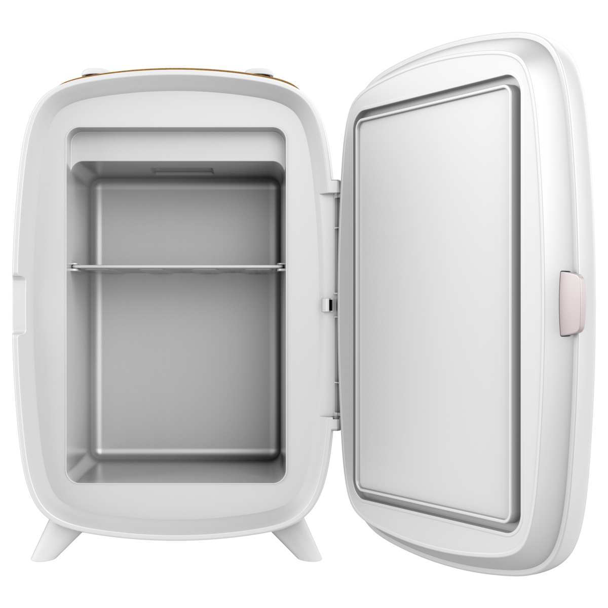Un mini refrigerador blanco con puerta abierta y un estante sobre fondo negro.