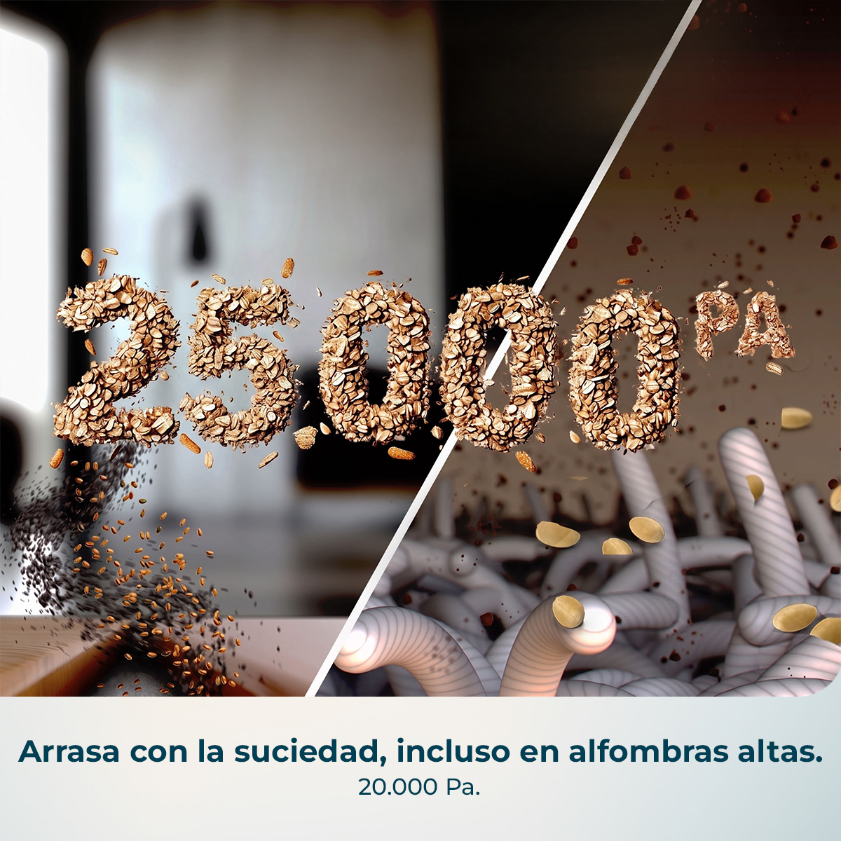 Texto 25000 Pa hecho de avena frente a una habitación y fibras de alfombra.