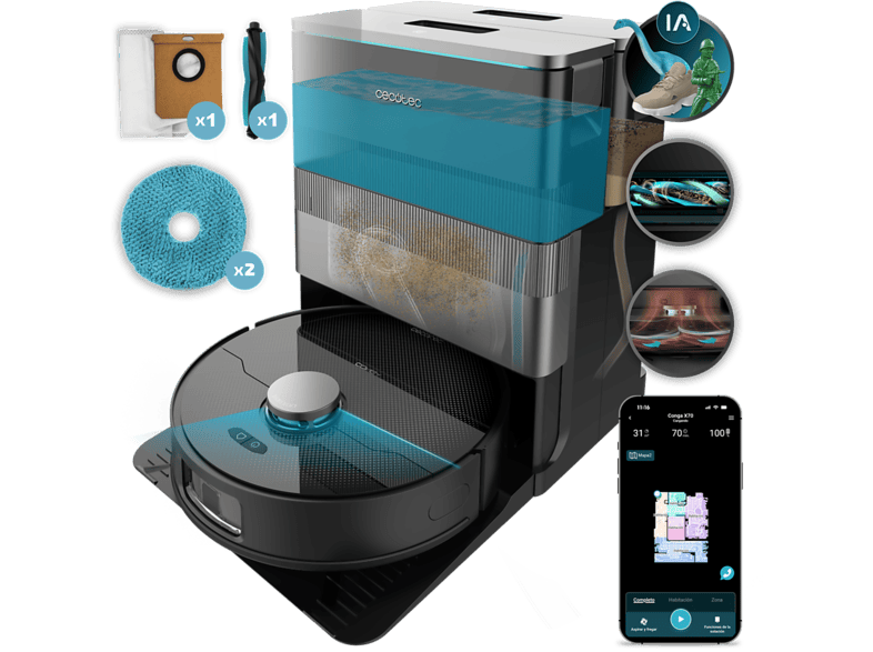 Robot friegasuelos - Cecotec Conga X70 Max, Base 4 en 1, IA y navegación láser, Mopas giratorias, WiFi Bluetooth, Negro