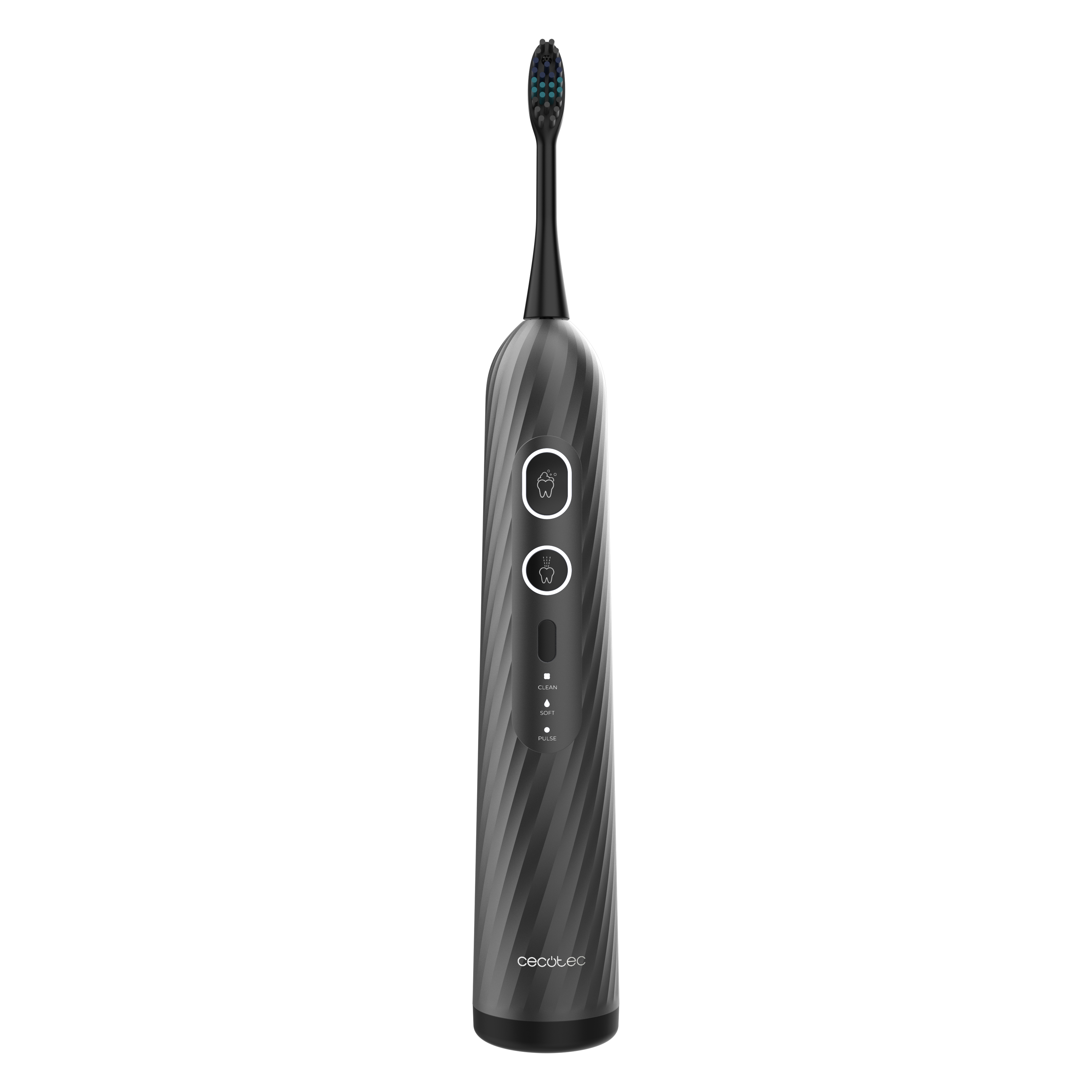 Un cepillo de dientes eléctrico negro con patrón ondulado, botones iluminados y el logotipo de Cecotec.