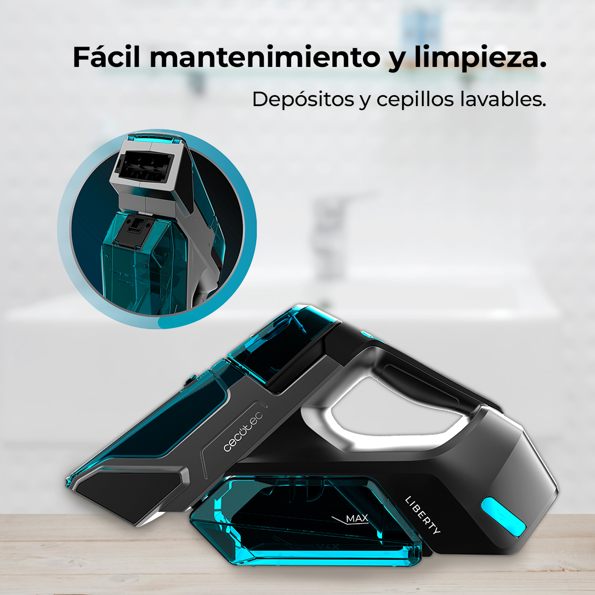 Aspiradora de mano negra Cecotec Liberty con tanques de agua azules en una mesa de madera y texto arriba.