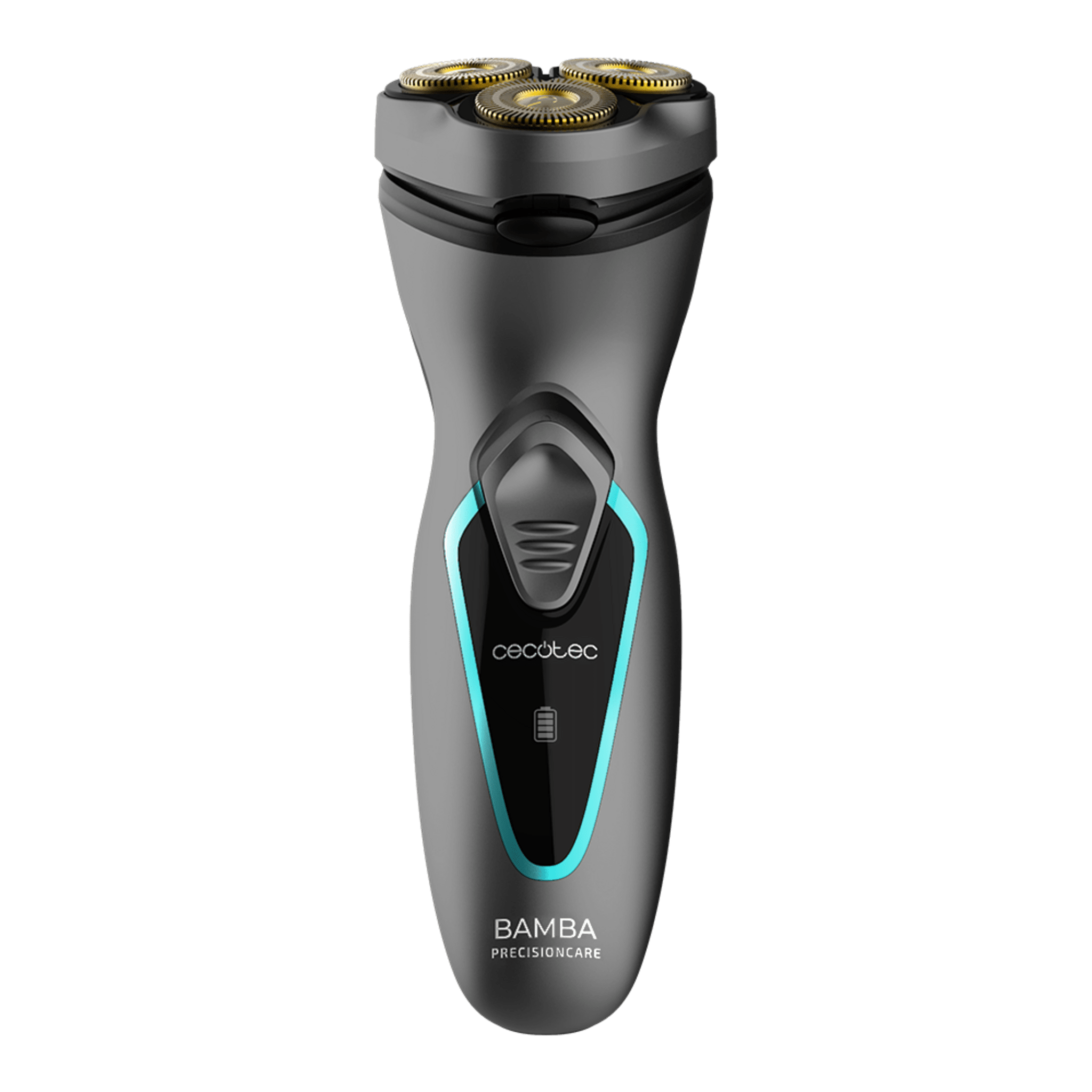 Afeitadora eléctrica gris con tres cabezales dorados y acento turquesa sobre fondo negro.