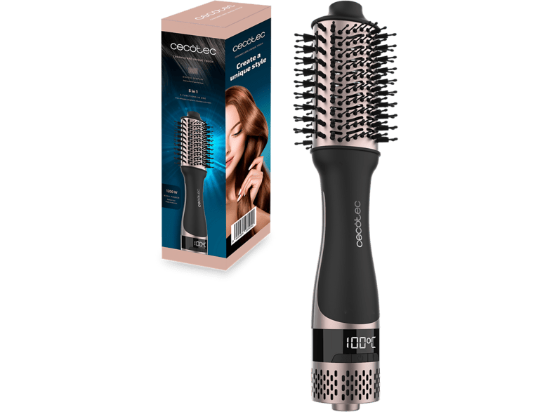 Cepillo alisador - Cecotec CeramicCare Unique Touch Elite, 1200 W, Cabezal cerámico, 4 temperaturas, Tecnología iónica, Pantalla, Negro