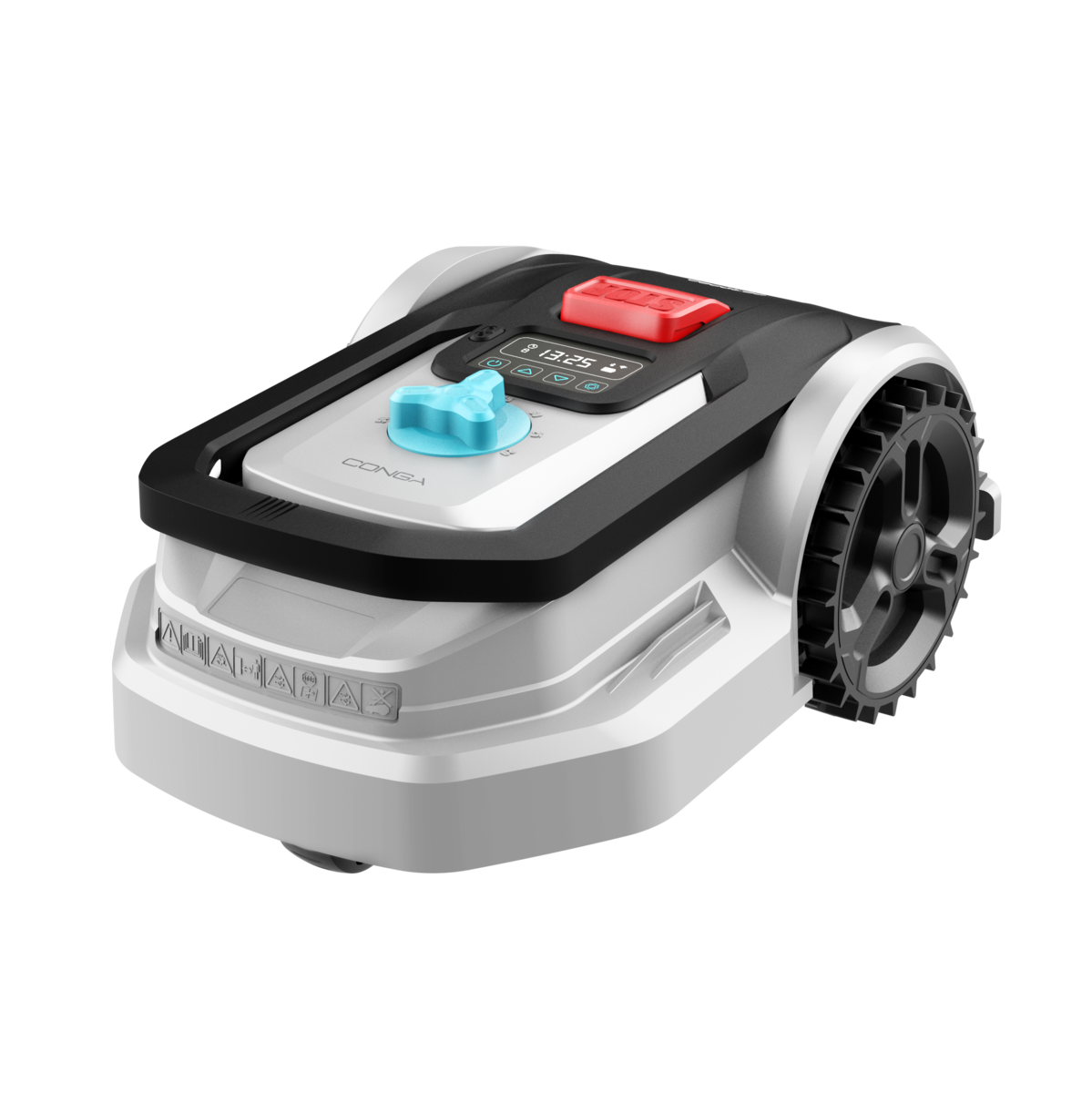 Un robot cortacésped blanco y negro con botón de parada rojo, rueda de ajuste azul y pantalla sobre fondo negro.