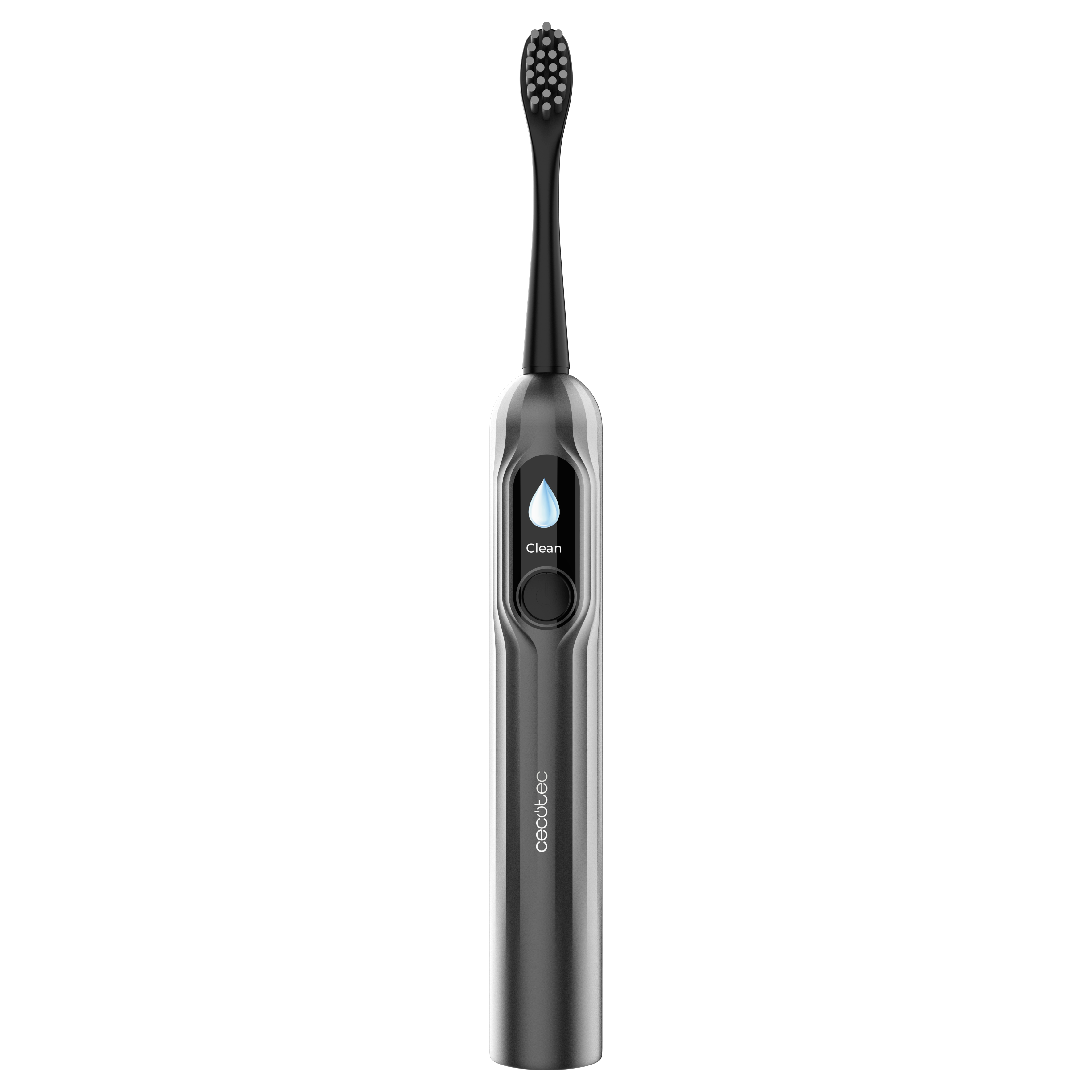 Un cepillo de dientes eléctrico negro con pantalla digital e icono de gota de agua sobre fondo negro.