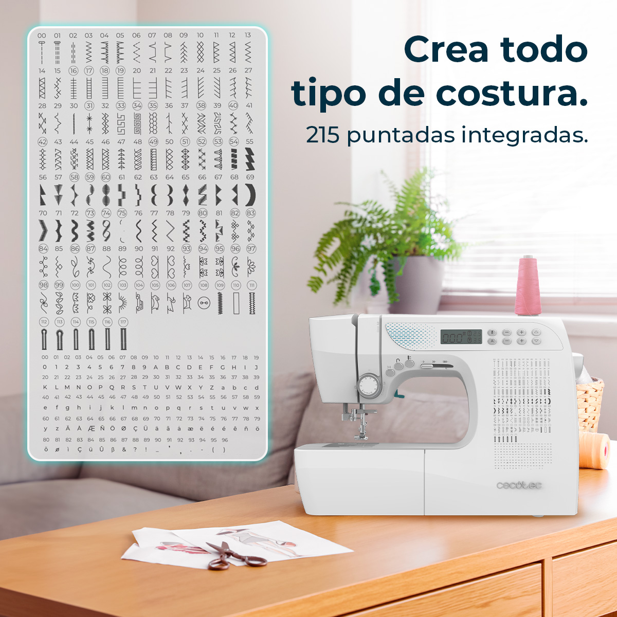 Una máquina de coser blanca en una mesa de madera, junto a un gráfico con 215 patrones de puntadas.