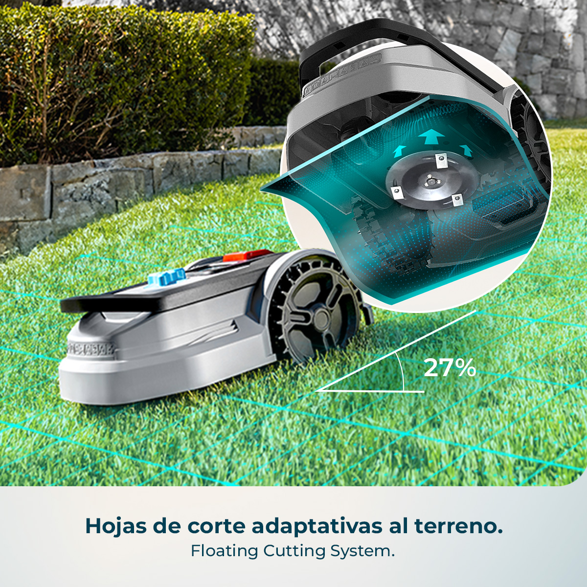 Un robot cortacésped en hierba verde con un detalle circular de su parte inferior y el texto Hojas de corte adaptativas.