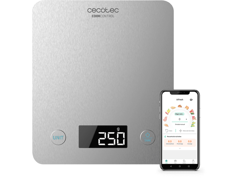 Balanza de cocina - Cecotec CookComtrol 10000 Smart, 5 kg, Precisión 1 g, Bluetooth, app, Acero inoxidable, Gris