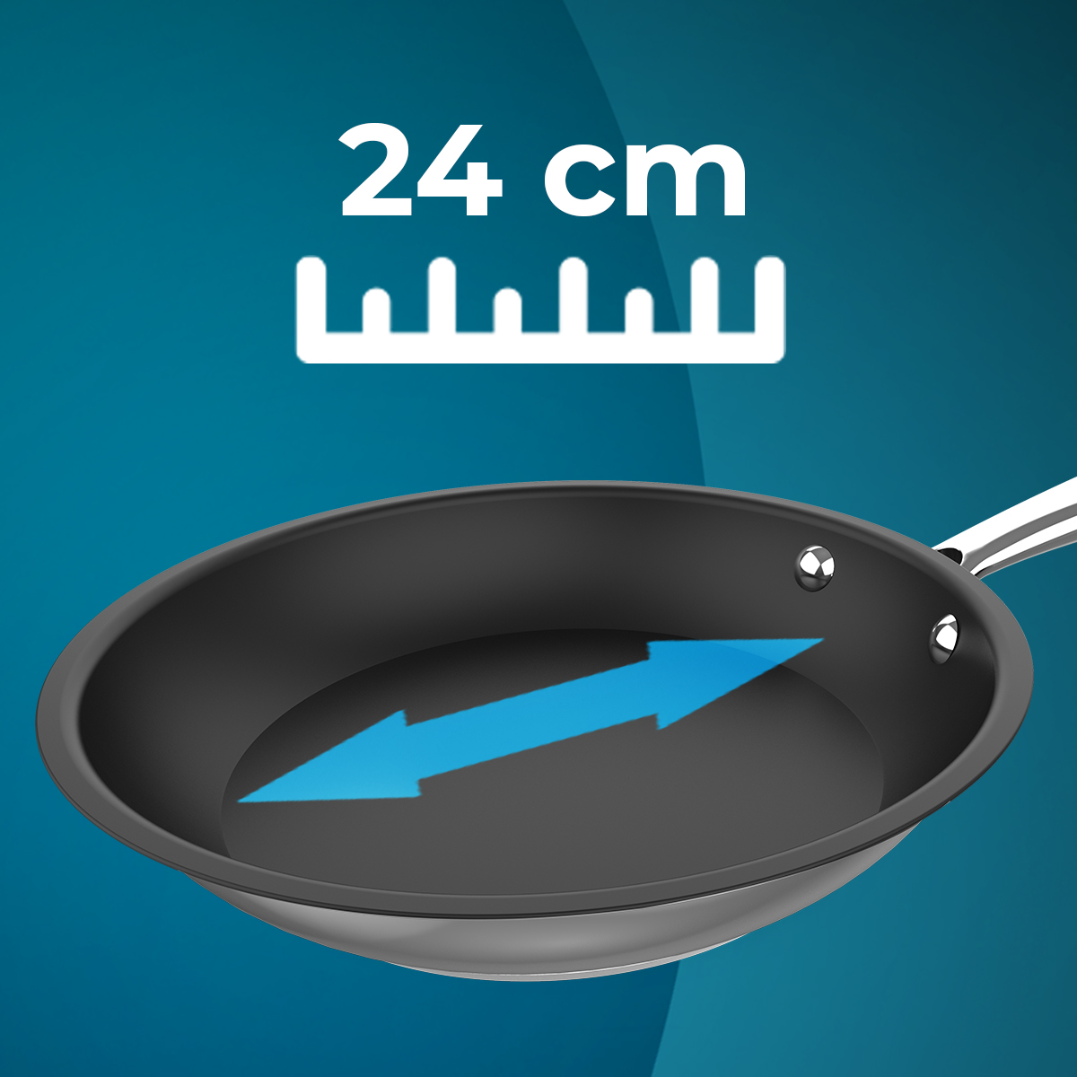 Una sartén negra con 24 cm de diámetro y flechas de medición azules sobre fondo turquesa.