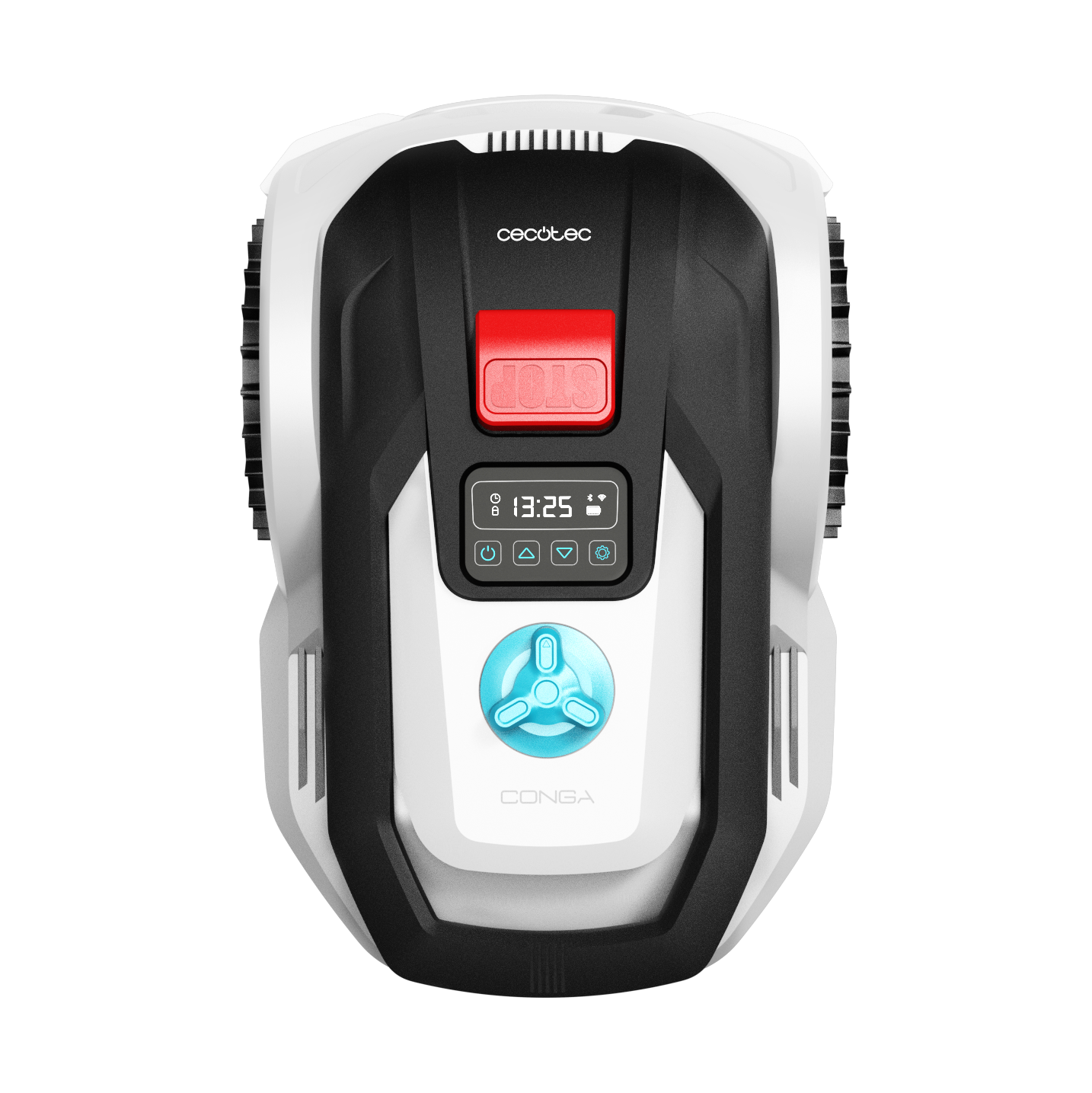 Un robot cortacésped Cecotec blanco y negro con botón STOP rojo y pantalla.