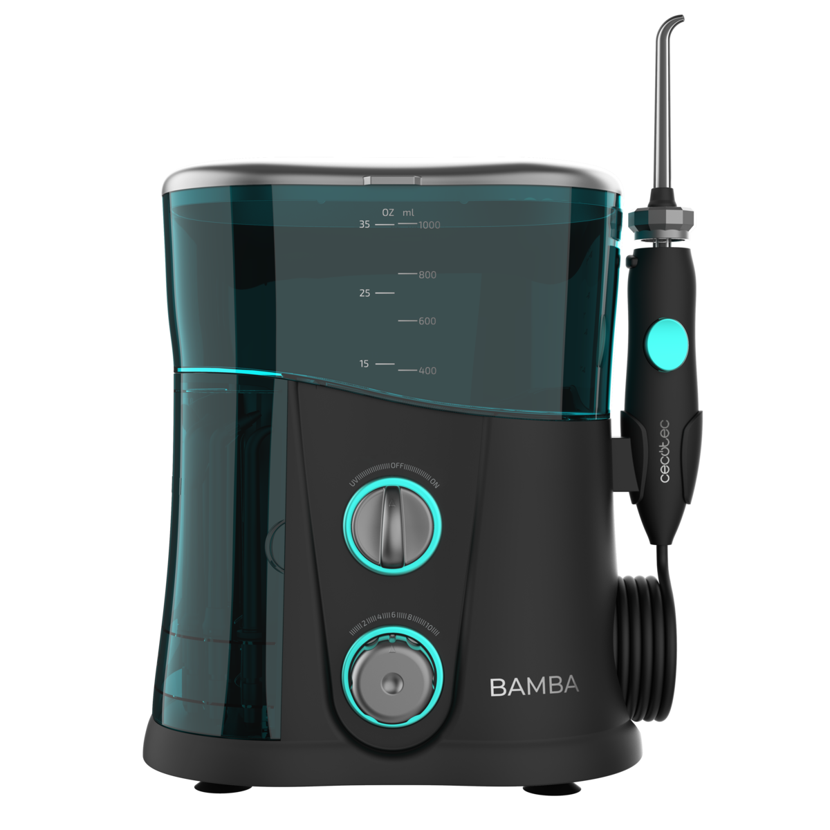 Un irrigador bucal negro con un depósito de agua transparente y controles con luz azul.