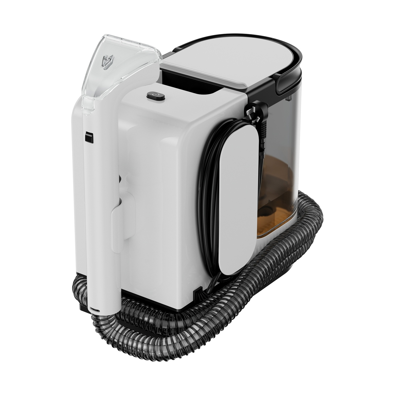 Un pulitore per tappeti portatile bianco e nero con tubo arrotolato e bocchetta trasparente su sfondo bianco.