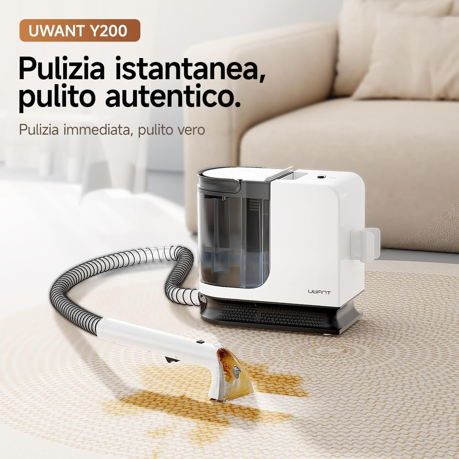 Un pulitore per tappeti Uwant Y200 bianco e nero pulisce una macchia marrone su un tappeto chiaro.