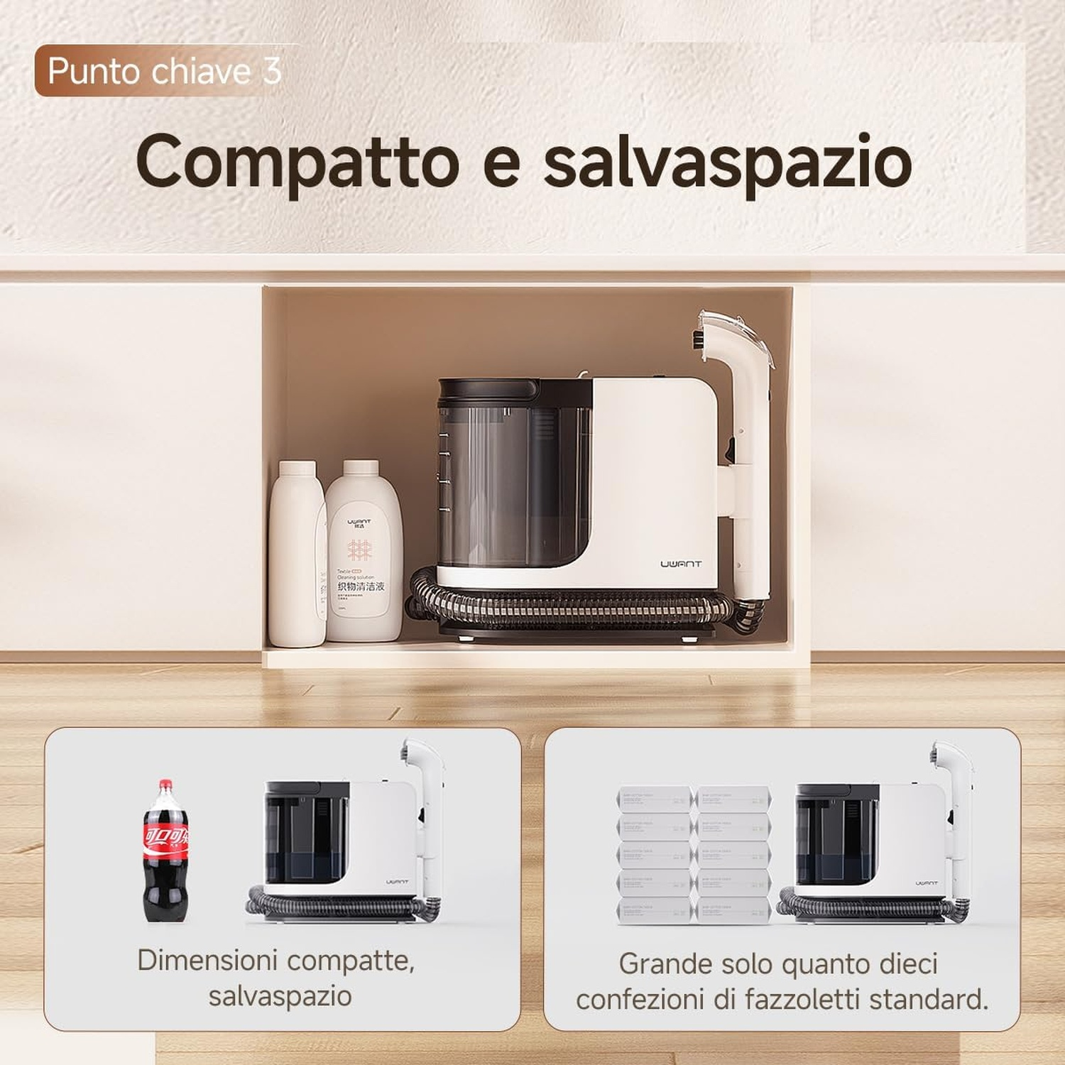 Detergente bianco compatto in un ripiano, confrontato con una bottiglia di cola e fazzoletti.