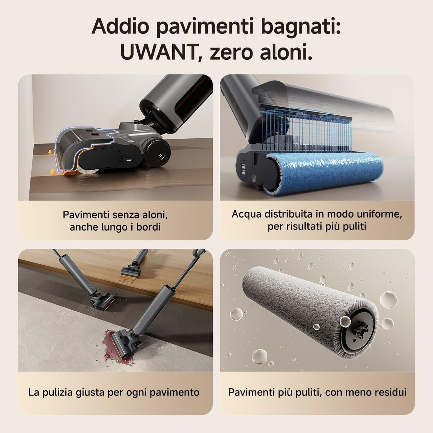 Quattro immagini mostrano una spazzola per aspirapolvere lavapavimenti grigia che pulisce senza aloni, con acqua uniforme e detriti.