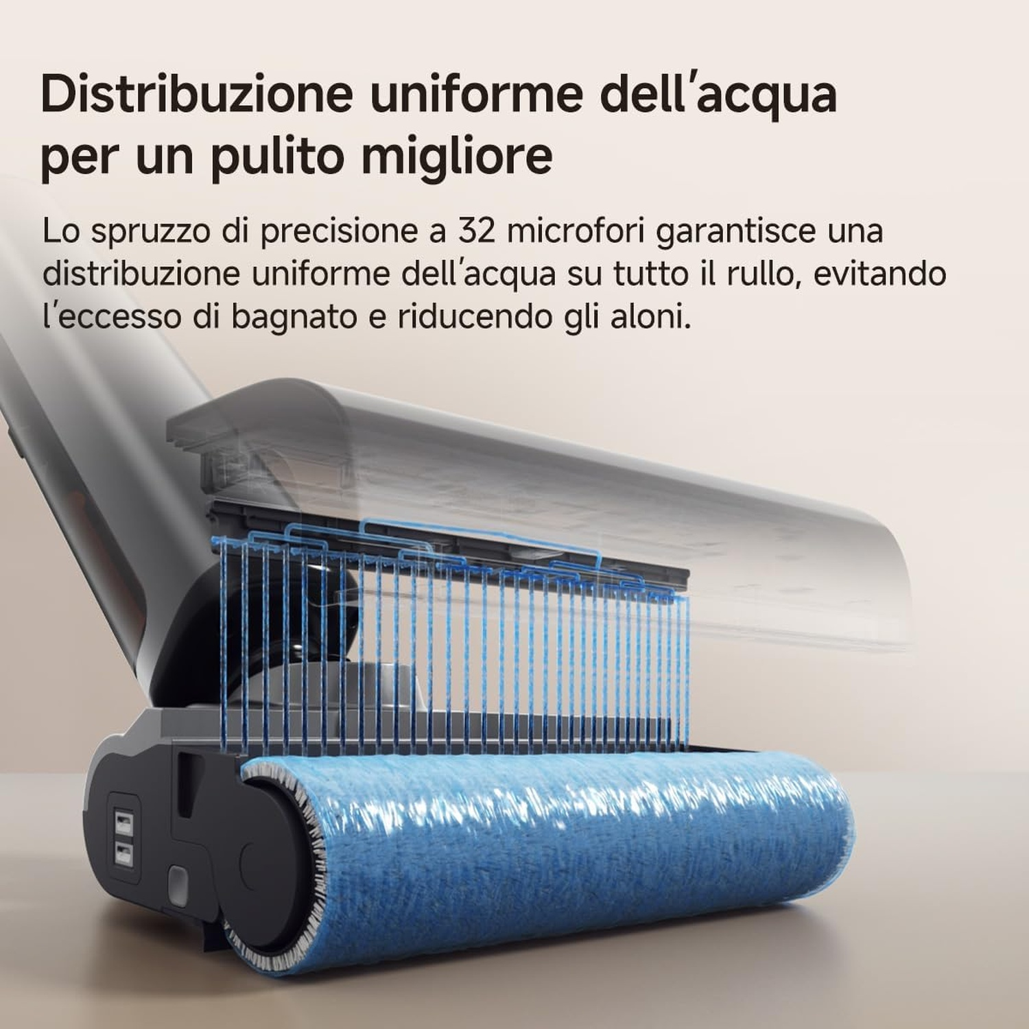 Testina di pulizia che mostra l'acqua spruzzata uniformemente da 32 microfori sul rullo blu.