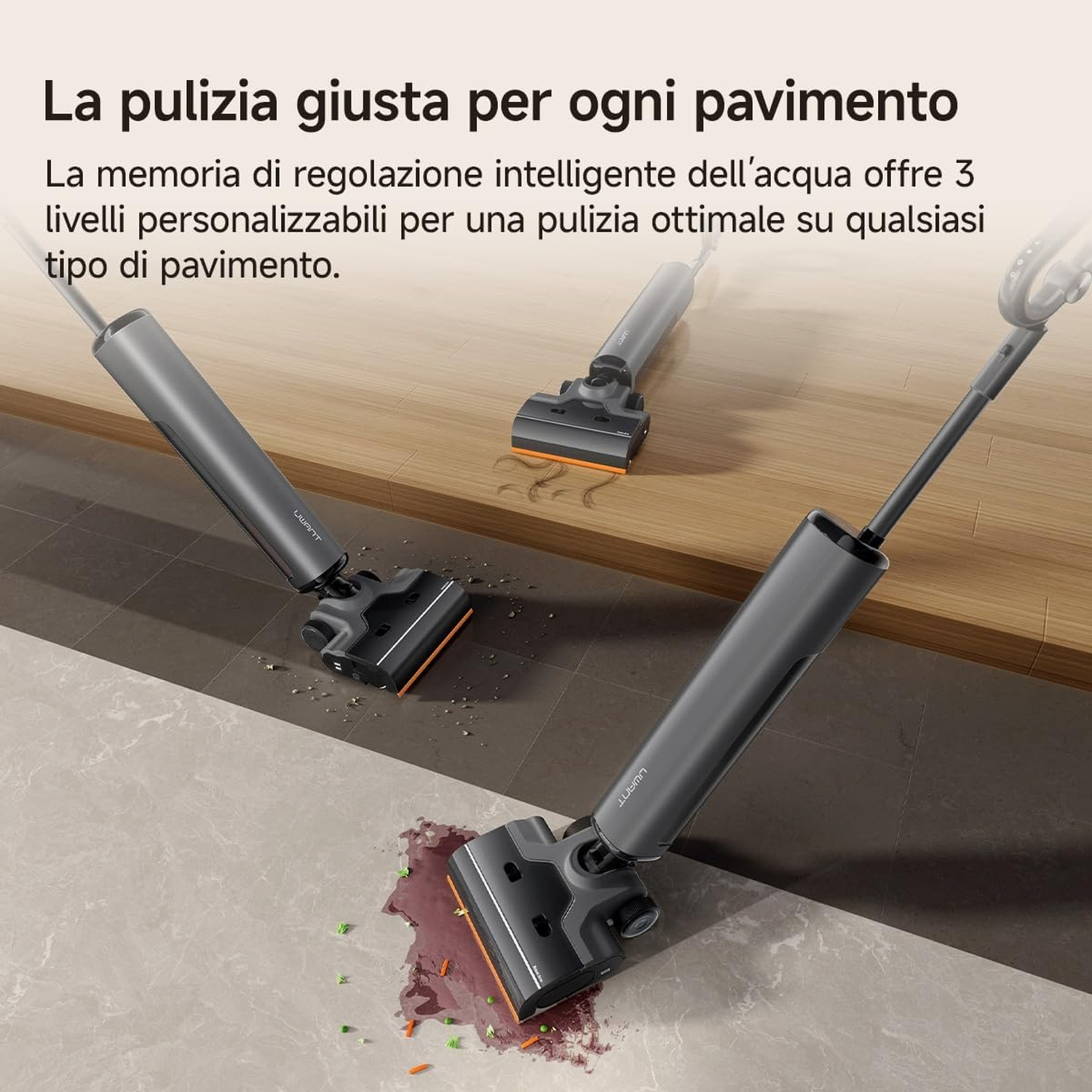 Tre scope lavapavimenti grigie puliscono vari pavimenti con testo sopra.