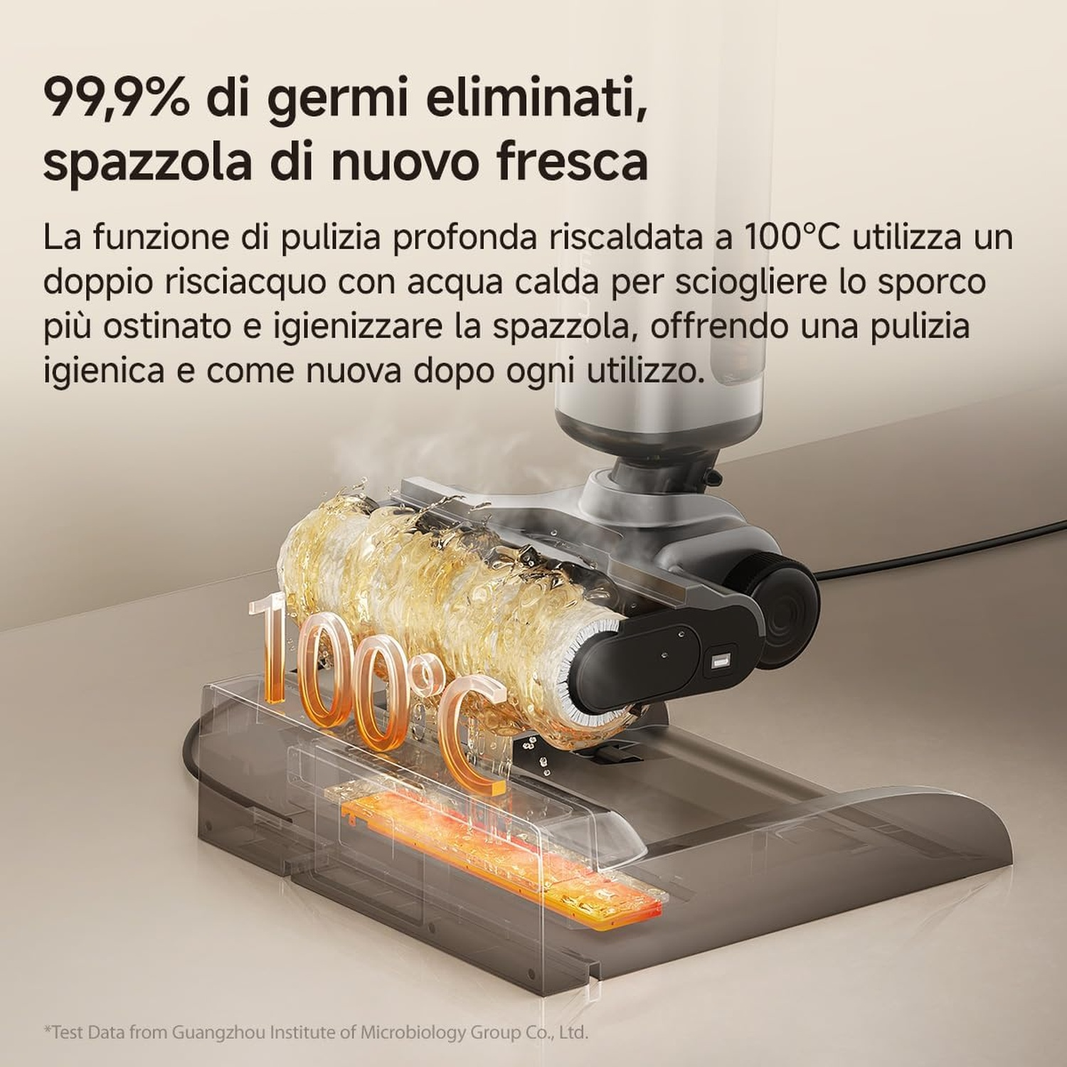 Una spazzola per pulizia a vapore su una stazione con testo 100°C.