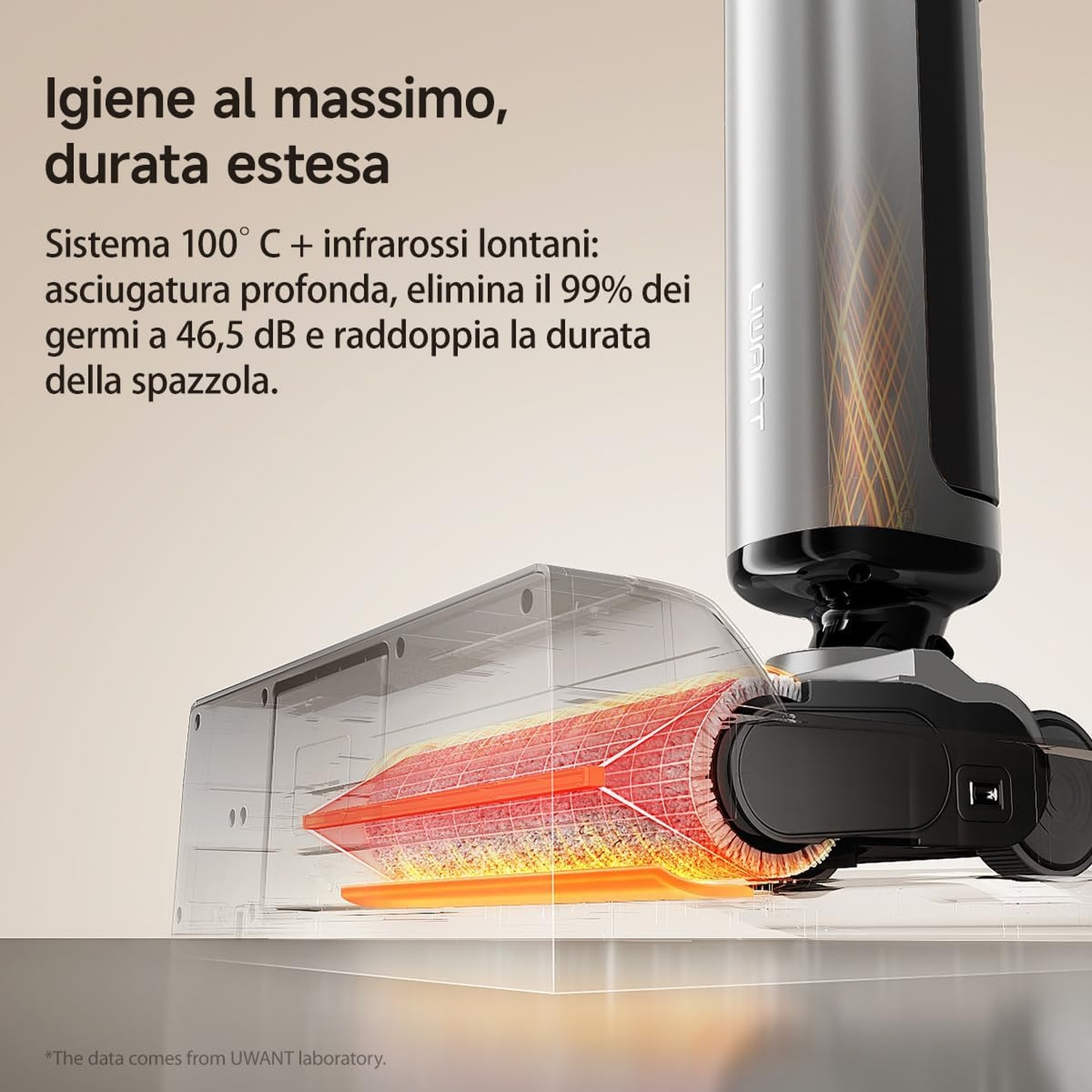 Primo piano di un pulitore per pavimenti con spazzola riscaldata, grafica a infrarossi e testo in italiano.