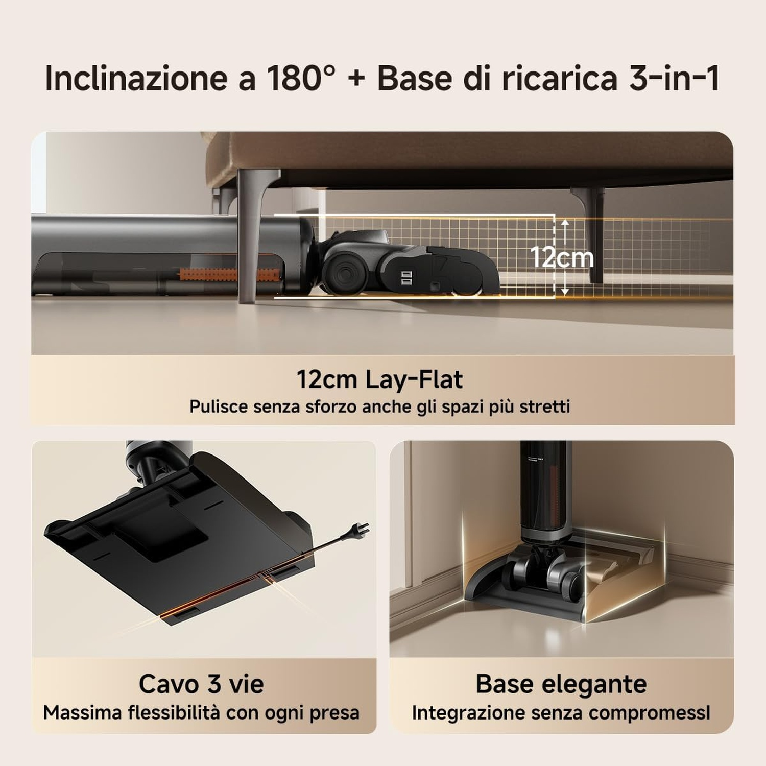 Un aspirapolvere disteso sotto i mobili, con viste della sua base e stazione di ricarica.