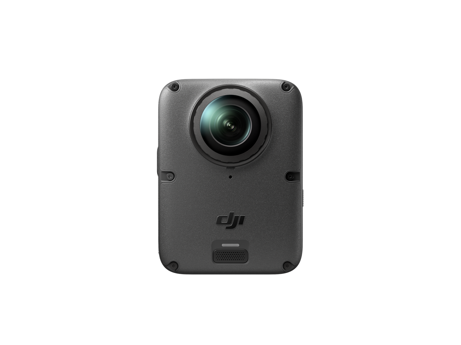 Una cámara de acción DJI gris con una lente redonda grande y rejilla de altavoz sobre fondo negro.