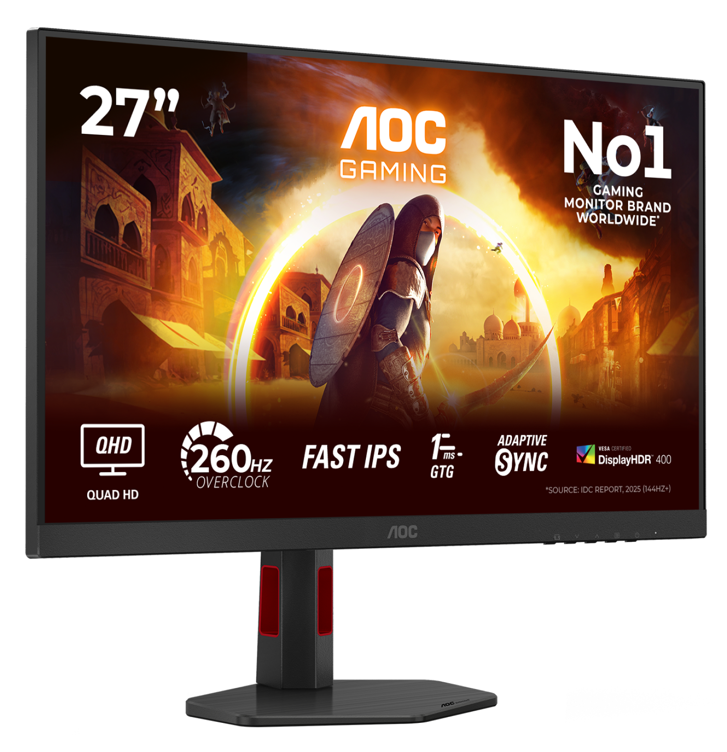 AOC 27-Zoll-Gaming-Monitor mit QHD-Auflösung, 260Hz, Fast IPS und HDR400 auf einem schwarzen Standfuß.