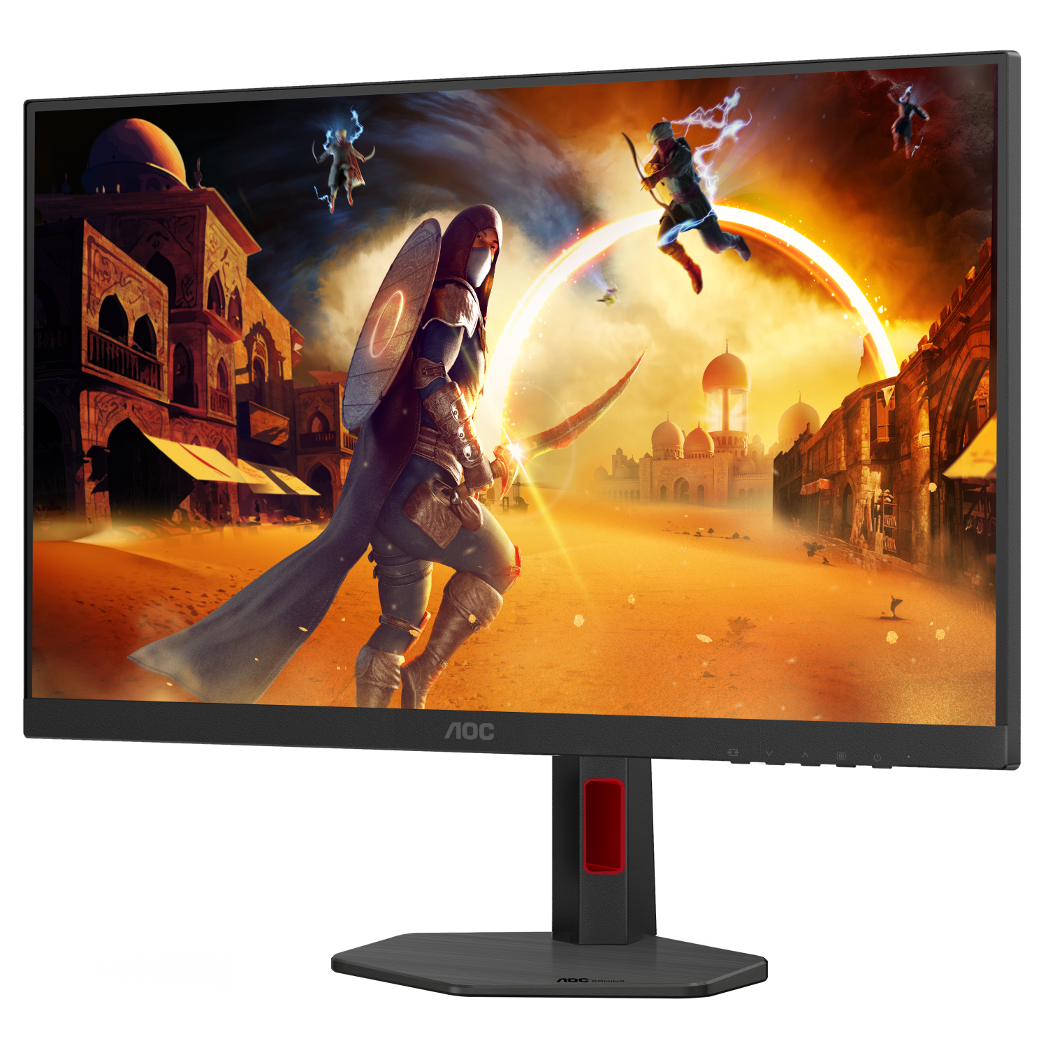 Ein schwarzer AOC-Gaming-Monitor zeigt eine Fantasy-Wüstenszene mit kämpfenden Charakteren.