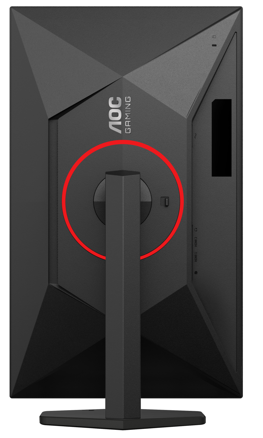 Rückseite eines schwarzen AOC Gaming-Monitors mit einem roten Kreis und einem stabilen Ständer.