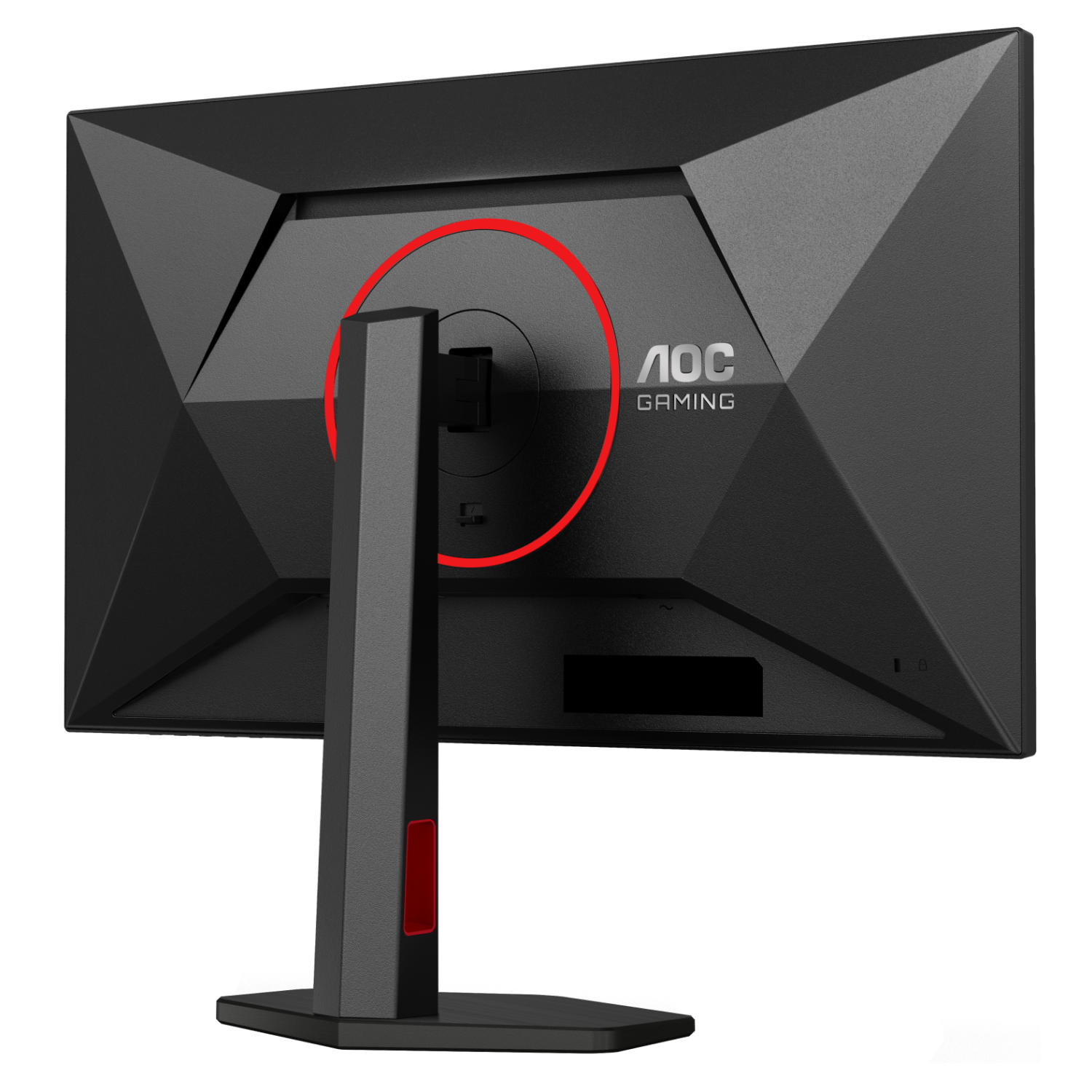 Rückseite eines schwarzen AOC Gaming-Monitors mit rotem Akzentring am Ständer.