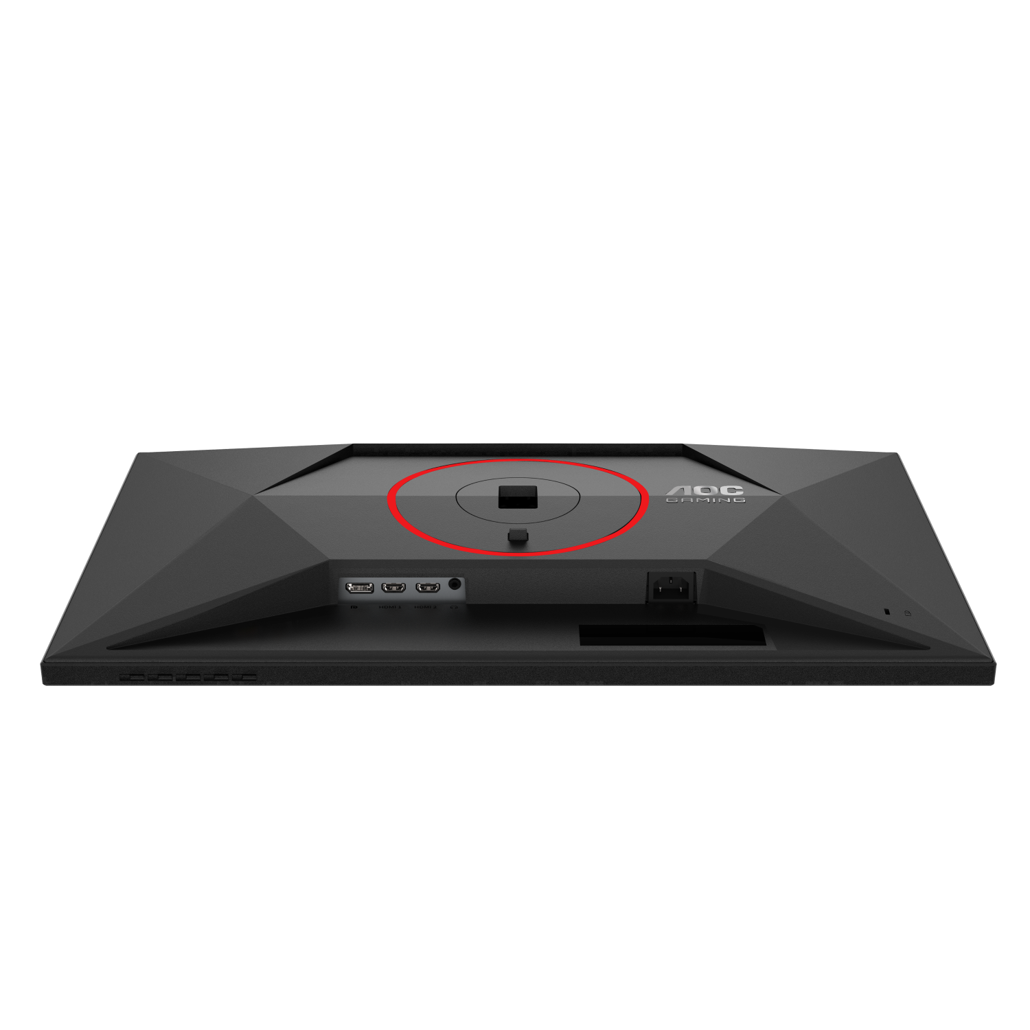 Rückansicht eines schwarzen AOC-Gaming-Monitors mit Anschlüssen und rotem Akzentkreis.