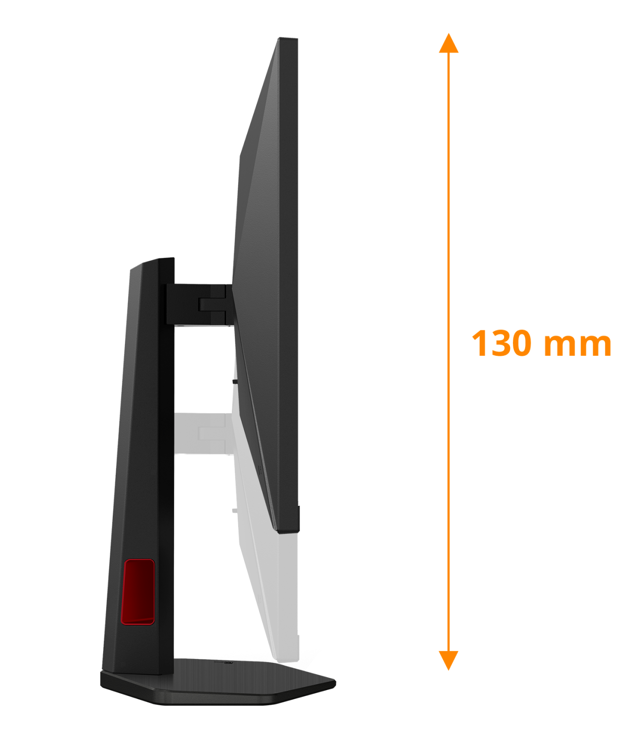 Seitenansicht eines schwarzen Monitors mit Ständer und einer Höhenverstellung von 130 mm.